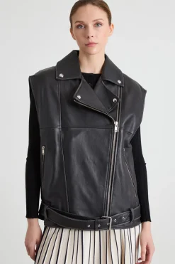 Gilet oversize in pelle - Nero
