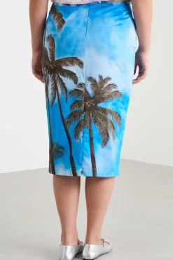 Gonna a tubino in raso stampato - Azzurro