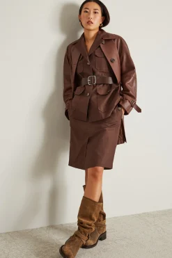 Gonna dritta in tela di lino - Marrone