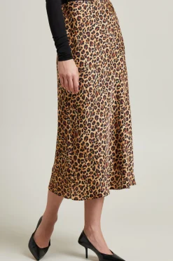 Gonna in satin stampato - Beige Marrone