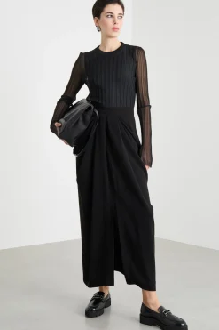 Gonna lunga in cady con pieghe - Nero