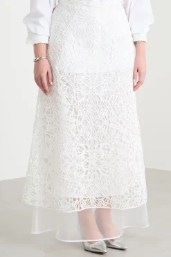 Gonna lunga in macramè e organza - Bianco