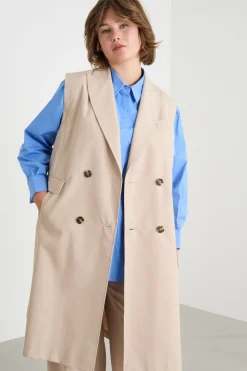 Impermeabile in twill antigoccia con maniche rimovibili - Beige