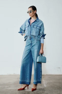 Jeans ampio con impunture - Azzurro