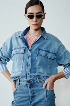 Jeans ampio con impunture - Azzurro