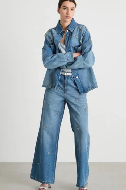 Jeans ampio con strass - Azzurro