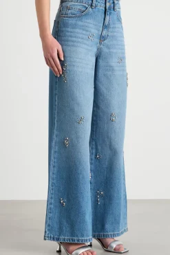 Jeans ampio con strass - Azzurro