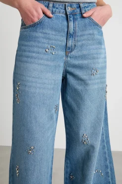 Jeans ampio con strass - Azzurro