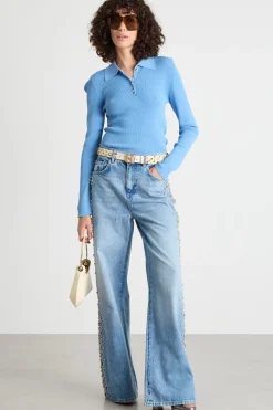Jeans dalla linea ampia con strass - Azzurro