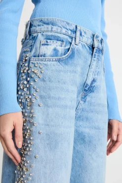 Jeans dalla linea ampia con strass - Azzurro