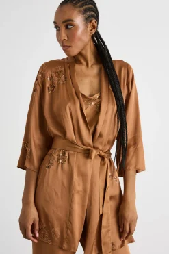 Kimono corto con paillettes - Marrone