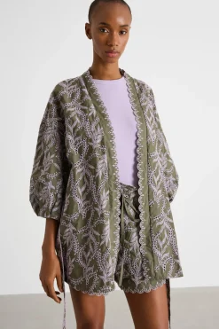 Kimono in popeline ricamato - Verde Lilla