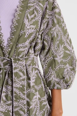 Kimono in popeline ricamato - Verde Lilla