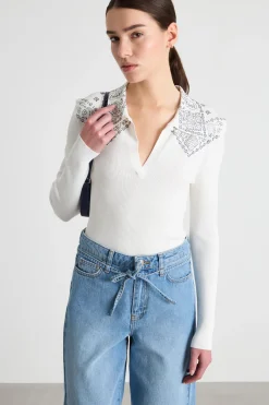 Maglia a coste con strass - Bianco