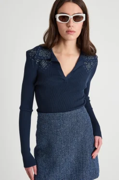 Maglia a coste con strass - Blu