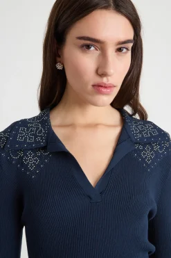 Maglia a coste con strass - Blu
