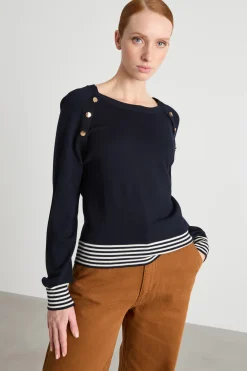 Maglia aderente con bottoni - Blu Bianco