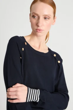 Maglia aderente con bottoni - Blu Bianco