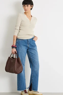 Maglia aderente con scollo a V - Beige