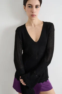 Maglia aderente traforata - Nero