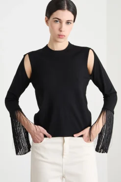 Maglia con cut-out e frange - Nero