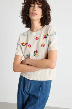 Maglia con fiori ricamati - Avorio