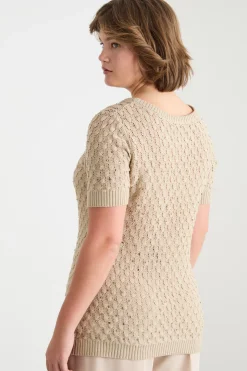 Maglia con punto a rilievo e strass - Beige