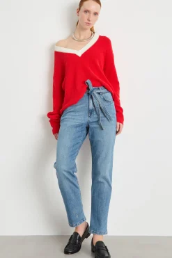 Maglia con scollo ricamato - Rosso Bianco