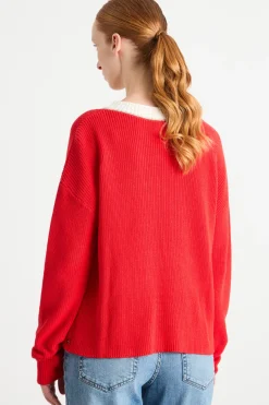 Maglia con scollo ricamato - Rosso Bianco