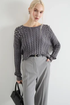 Maglia crop con strass - Grigio