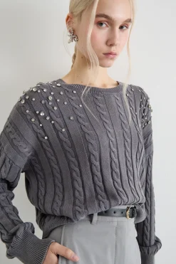 Maglia crop con strass - Grigio