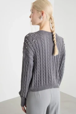 Maglia crop con strass - Grigio