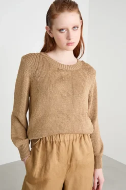 Maglia dritta con profili a costine - Cammello