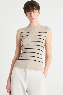 Maglia girocollo aderente senza maniche - Beige Nero