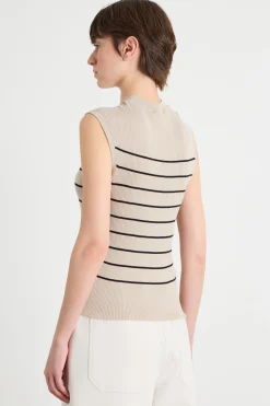 Maglia girocollo aderente senza maniche - Beige Nero