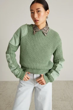 Maglia in cordonetto con toppe - Verde Salvia
