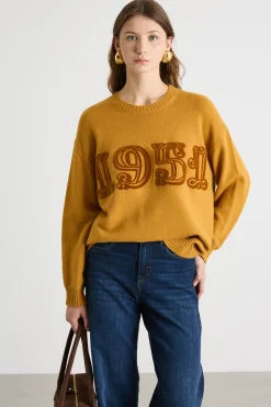 Maglia oversize con motivo floccato - Giallo