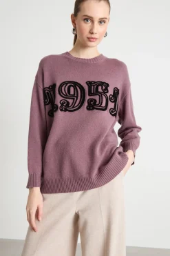 Maglia oversize con motivo floccato - Lilla