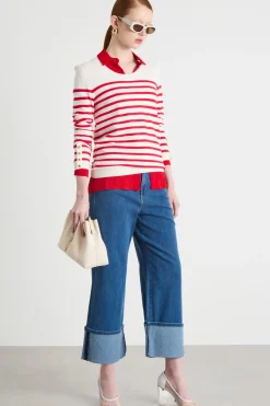 Maglia stretch con ampio scollo - Rosso Bianco