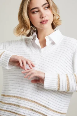 Maglia traforata con inserto lamè - Bianco Oro