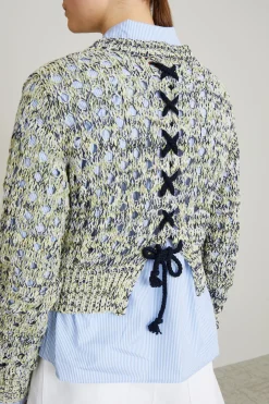 Maglia traforata con lacci - Blu Giallo