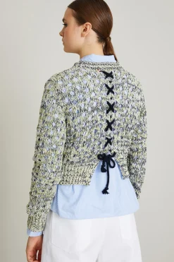 Maglia traforata con lacci - Blu Giallo