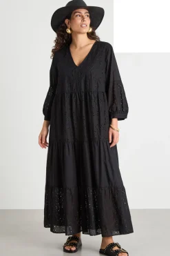 Maxi abito in sangallo - Nero