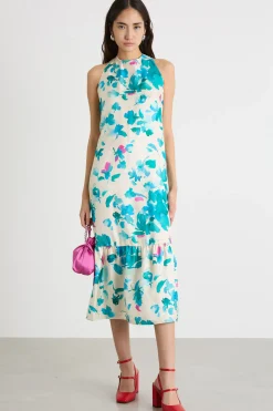 Maxi abito in twill - Bianco Azzurro Fuxia