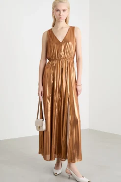 Maxi dress in georgette laminata - Bronzo