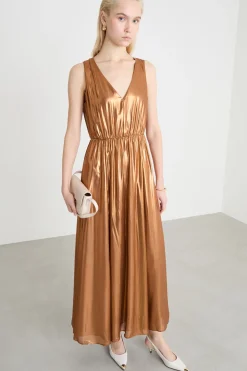 Maxi dress in georgette laminata - Bronzo