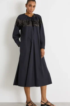 Maxi dress in popeline con paillettes - Blu