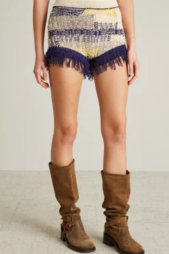 Micro shorts in maglia con frange - Ecru Viola