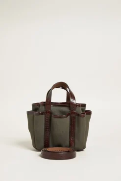Mini tote bag con tasche esterne - Kaki Marrone Scuro