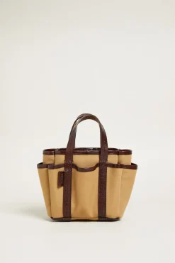 Mini tote bag con tasche esterne - Beige Marrone Scuro